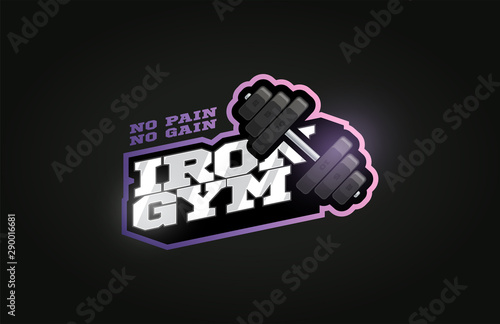 Iron Gym mascot Modern professional sport Typography in retro style. Vector design emblem, badge and sporty template logo design.