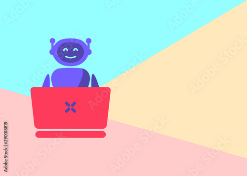 robot chat bot with laptop on pink blue colored pastel background