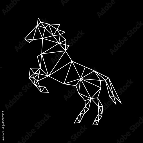 Fashion white geometric contour of a wild horse on a dark surface. Minimalism in the style of trigonometry.