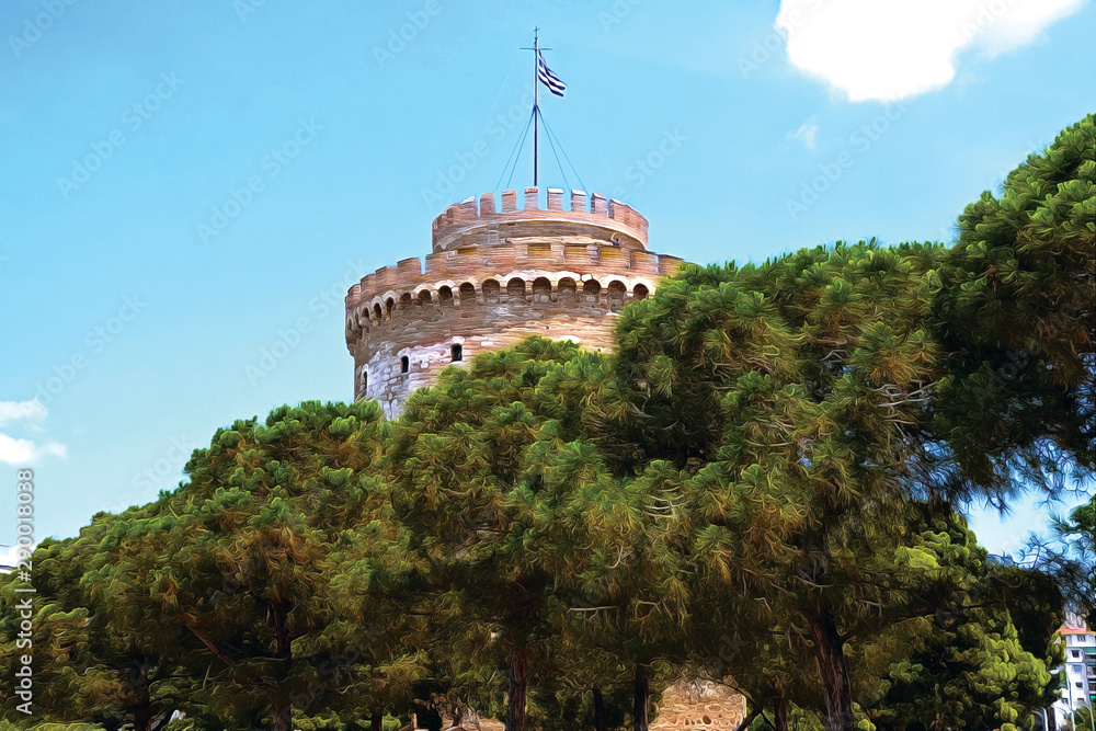 Figure White tower among the trees. Thessaloniki. Greece
