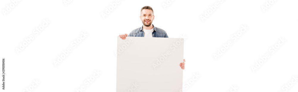 panoramic shot of smiling bearded man holding blank placard isolated on white panoramic shot of smiling bearded man holding blank placard isolated on white