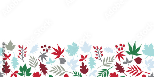 Winter leaves seamless vector border. Scandinavian style repeating doodle pattern. Red green blue leaf illustration. For winter decoration, Christmas card, fabric, ribbons, banner