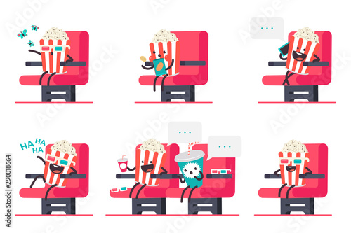 Cute popcorn and soda in cinema vector cartoon characters set isolated on a white background.
