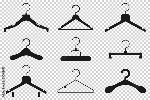 Clothes hanger black silhouette vector cartoon flat icon set isolated on transparent background.