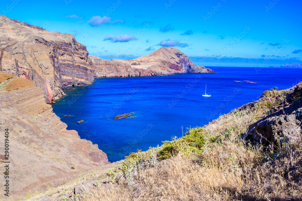Panorama view of the wild coast and cliffs at Ponta de Sao Lourenco, Madeira island, Portugal