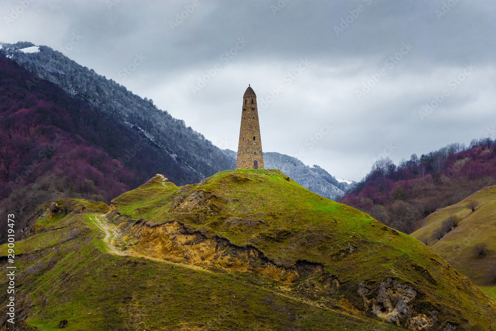 Mountain view. Watchtower in Caucasus mountains. Chechnya