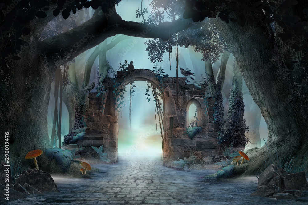 Archway in an enchanted fairy forest landscape, misty dark mood, can be used as background