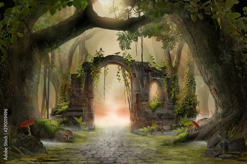 Archway in an enchanted fairy forest landscape, misty dark mood, can be used as background © Kanea