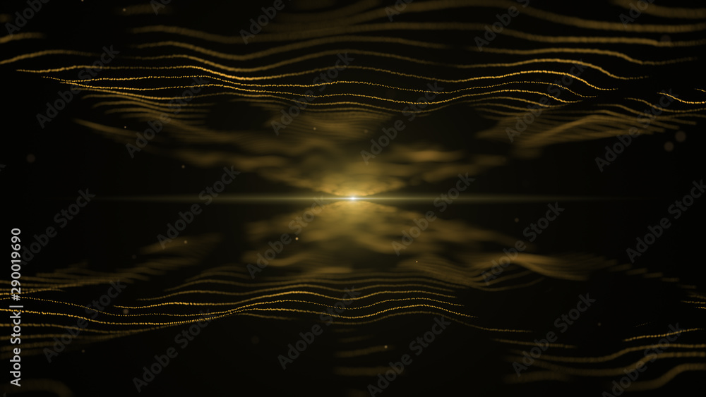 Naklejka premium Abstract energy background. Yellow imitation of waves on black backdrop. Light blurred yellow blick is on the centre, and between the waves.