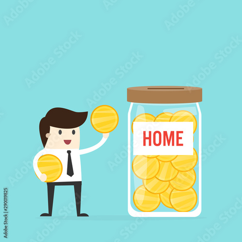 Businessman stand hold Money gold coin with glass bottles saving for future concept.