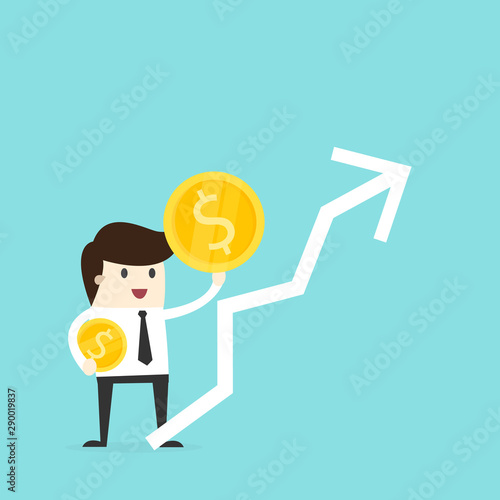 businessman stand hold money coin to success, business concept illustration with graph.