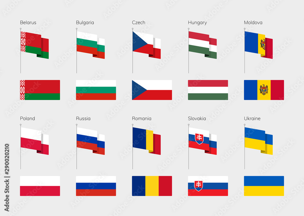 Countries of Eastern Europe according to the UN classification. Set of flags. Belarus, Bulgaria, Hungary, Moldova, Poland, Russia, Romania, Slovakia, Czech Republic, Ukraine Countries of Eastern Europe according to the UN classification. Set of flags. Belarus, Bulgaria, Hungary, Moldova, Poland, Russia, Romania, Slovakia, Czech Republic, Ukraine
