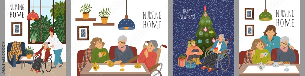 Set of Cute vector illustrations of people in a nursing home. Happy elderly women spending leisure time together celebrating holidays and receiving medical care and care. Set of Cute vector illustrations of people in a nursing home. Happy elderly women spending leisure time together celebrating holidays and receiving medical care and care.