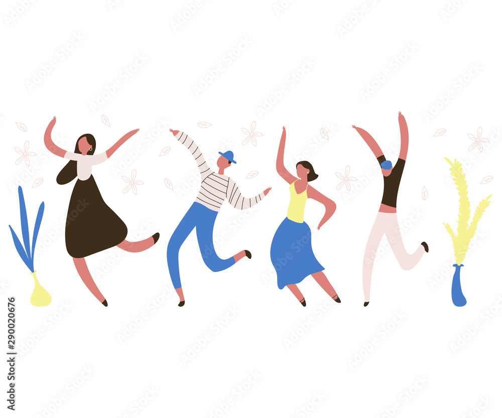Fototapeta premium Dancing people illustration. Men and women vector flat cartoon character isolated on white background.