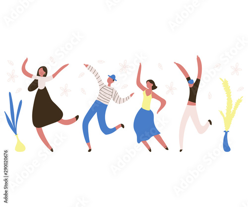Dancing people illustration. Men and women vector flat cartoon character isolated on white background.