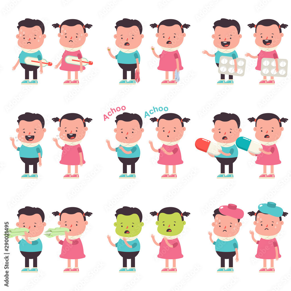 Flu season vector cartoon illustration with boy and girl characters set isolated on a white background. Flu season vector cartoon illustration with boy and girl characters set isolated on a white background.