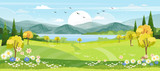 Panorama view of spring village with green meadow on hills with blue sky, Vector cartoon Spring or Summer landscape of countryside with mountains with wild flowers fields