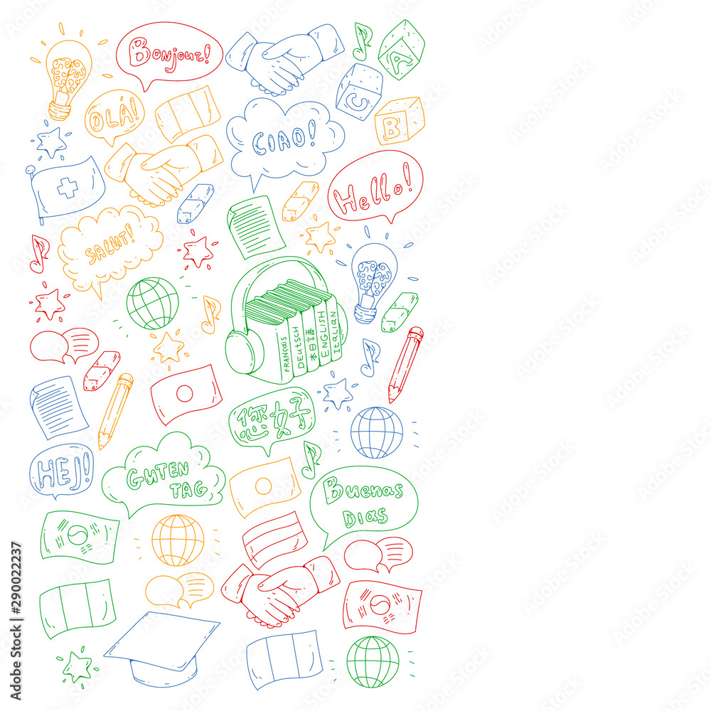 Vector pattern for language class, online courses. English, arabic, italian, japanese, spanish, chinese, german. Vector pattern for language class, online courses. English, arabic, italian, japanese, spanish, chinese, german.
