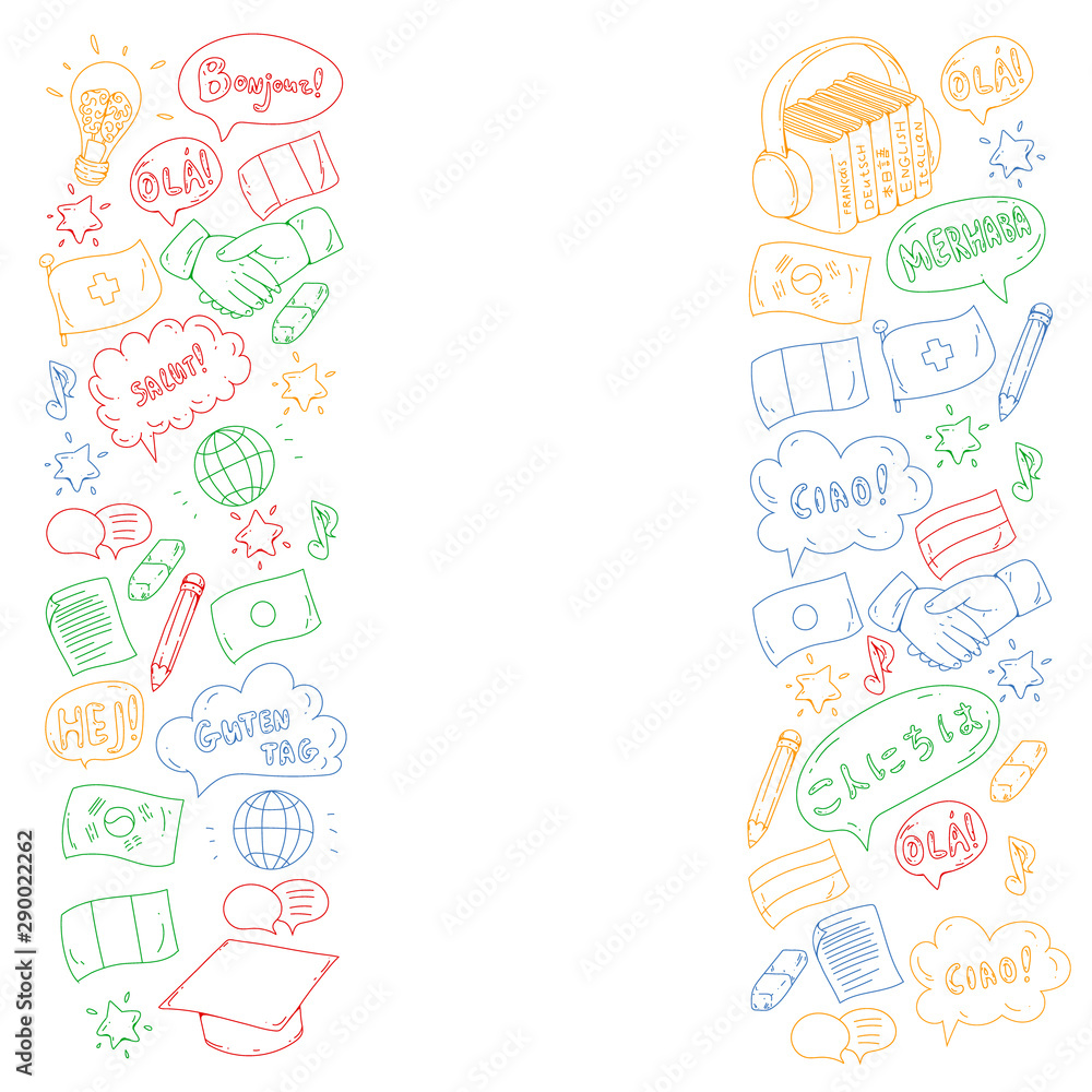 Vector pattern for language class, online courses. English, arabic, italian, japanese, spanish, chinese, german.