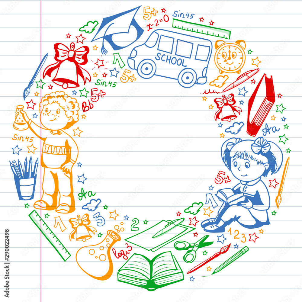 Vector pattern with little children. Back to school. Geography, geometry, mathematics, physics, chemistry, astronomy Vector pattern with little children. Back to school. Geography, geometry, mathematics, physics, chemistry, astronomy