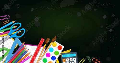 Back to school concept. Banner template with colorful school supplies like pencils  paint brushes  color palette  scissors  ruler and notebooks over green blackboard background.