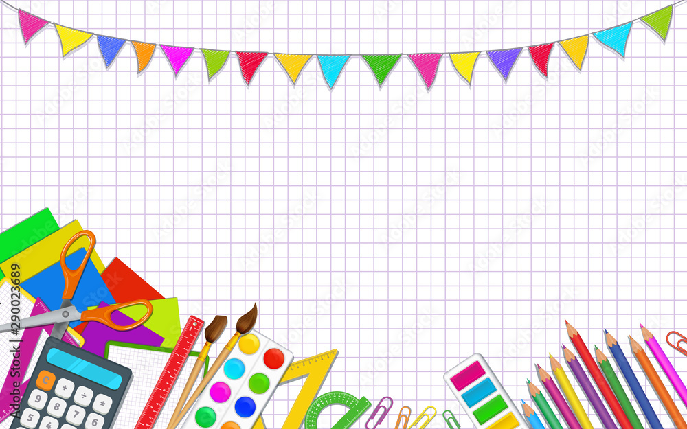 Back to school posters template with colorful realistic school supplies  like pencils, paint brushes, color palette, scissors, measure ruler on  white notebook page background with carnival flags. Stock Illustration |  Adobe Stock