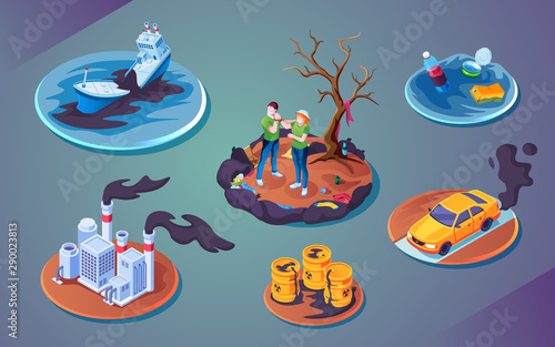 Set of isolated ecology catastrophe or pollution disaster, environment harm or accident contamination. Ship or boat oil spill, plant air pollution, car gas hazard, water spoiling, radioactive waste