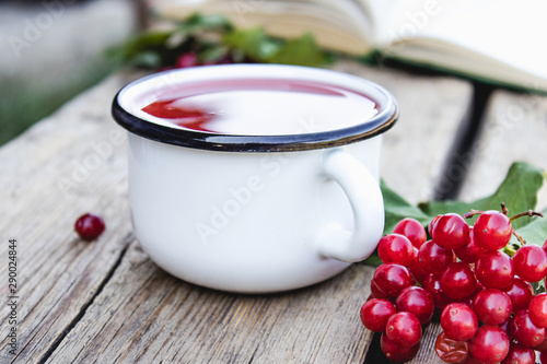White mug or cup of hot viburnum tea on a wooden table near an open book and red viburnum berries. Source of natural vitamins. Used in folk medicine.