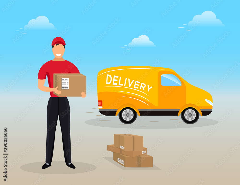 Fast delivery man in red uniform standing in front of truck with stack of parcels, logistic. Fast delivery man in red uniform standing in front of truck with stack of parcels, logistic.