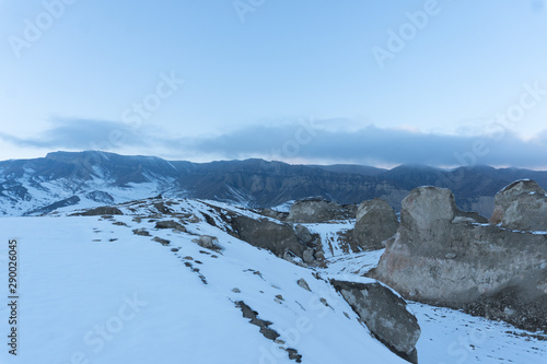 Snowy mountain and hills. Winter mountain landscape. photo