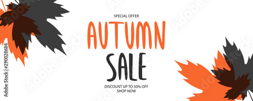 Autumn Sale special offer banner. Fall season background with hand lettering and autumn maple leaves for business, seasonal shopping, promotion and advertising. Vector illustration.