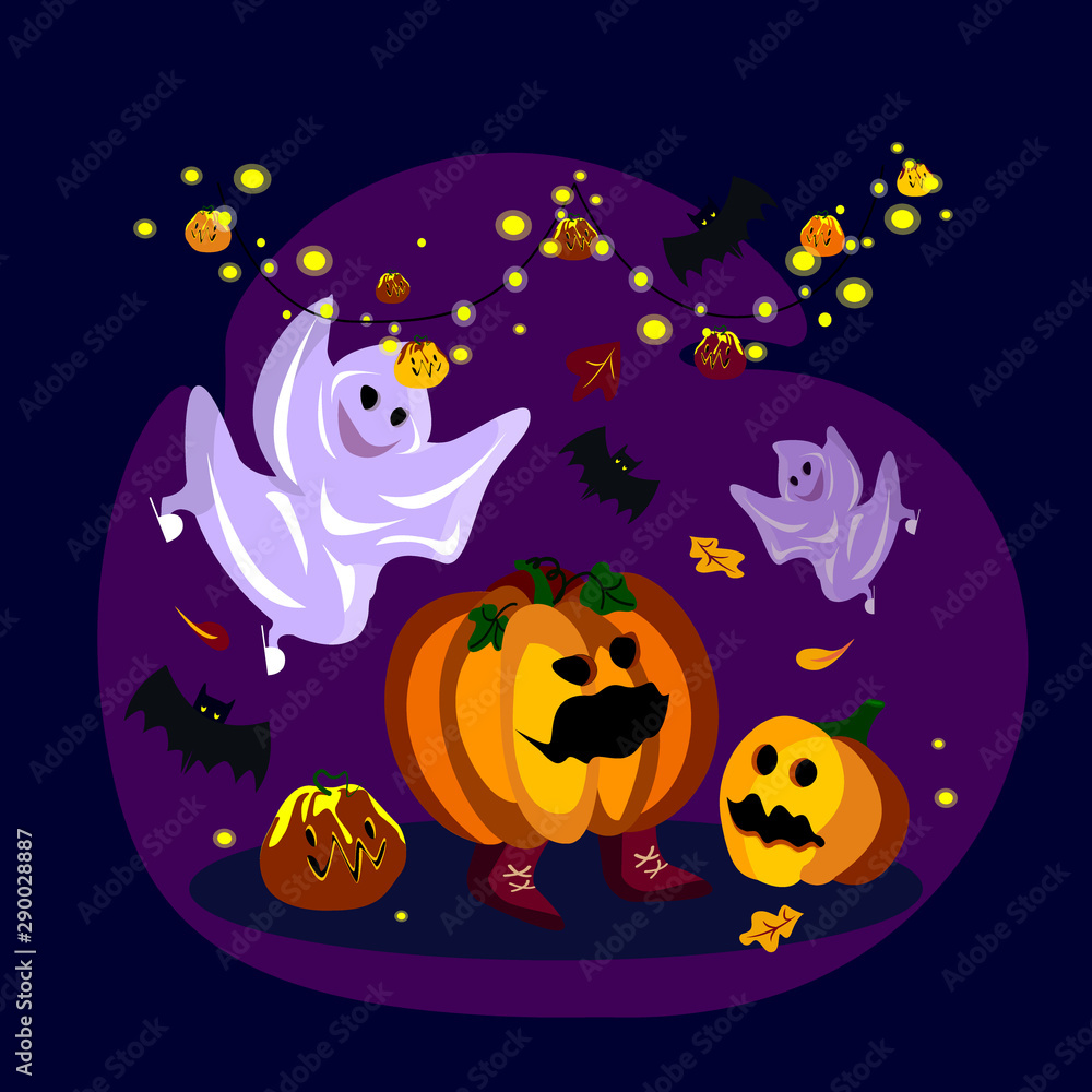 Creative illustration with funny ghosts, evil pumpkins and bat celebrating All Saints' Day