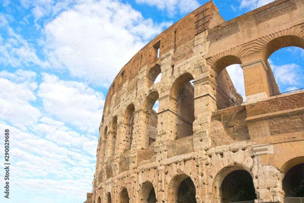 Colosseum in Rome roman amphitheater closeup, Italy. Main italian landmark