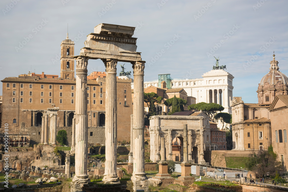 Roman Forum ruins in Rome, Italy. Italian ancient buildings and landmarks