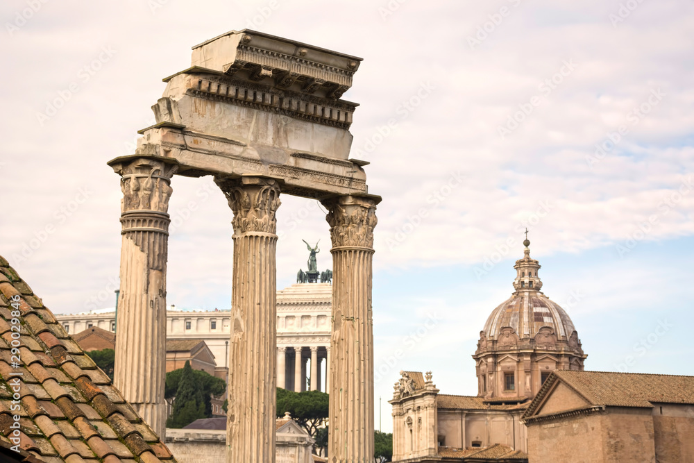 Roman Forum architecture ruins in Rome, Italy. Italian ancient buildings and landmarks
