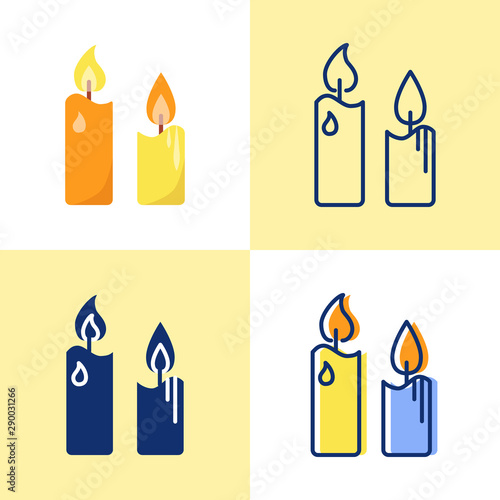 Pillar candles icon set in flat and line style