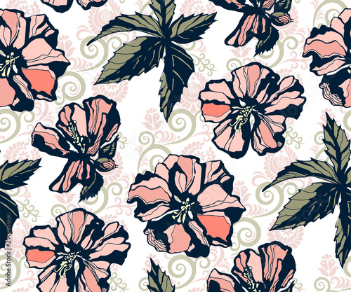 Seamless floral pattern with hibiscus and ornamental hand drawing decorative background. Ethnic seamless pattern ornament. Vector pattern. Print for textile, cloth, wallpaper, scrapbooking