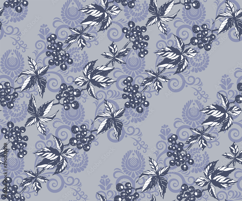 Seamless floral pattern with vine grapes and ornamental hand drawing decorative background. Ethnic seamless pattern ornament. Vector pattern. Print for textile, cloth, wallpaper, scrapbooking Seamless floral pattern with vine grapes and ornamental hand drawing decorative background. Ethnic seamless pattern ornament. Vector pattern. Print for textile, cloth, wallpaper, scrapbooking