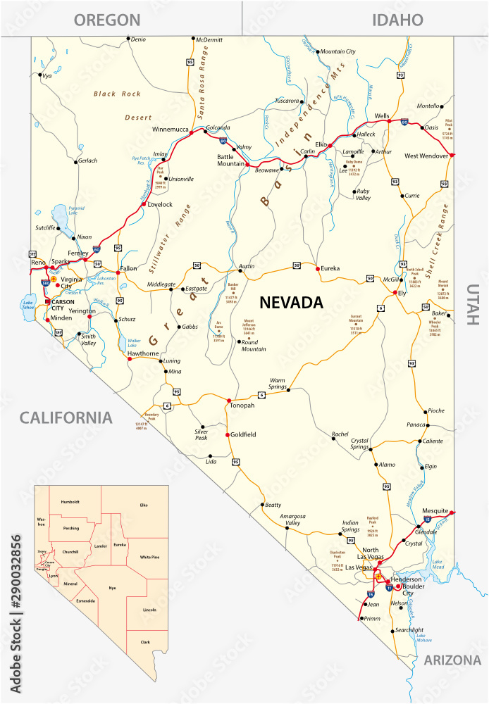 Nevada streets and administrative map with interstate US highways and main roads