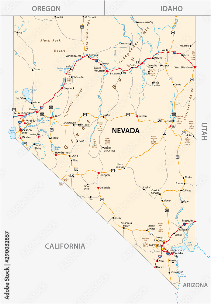 Nevada road map with interstate US highways and federal highways