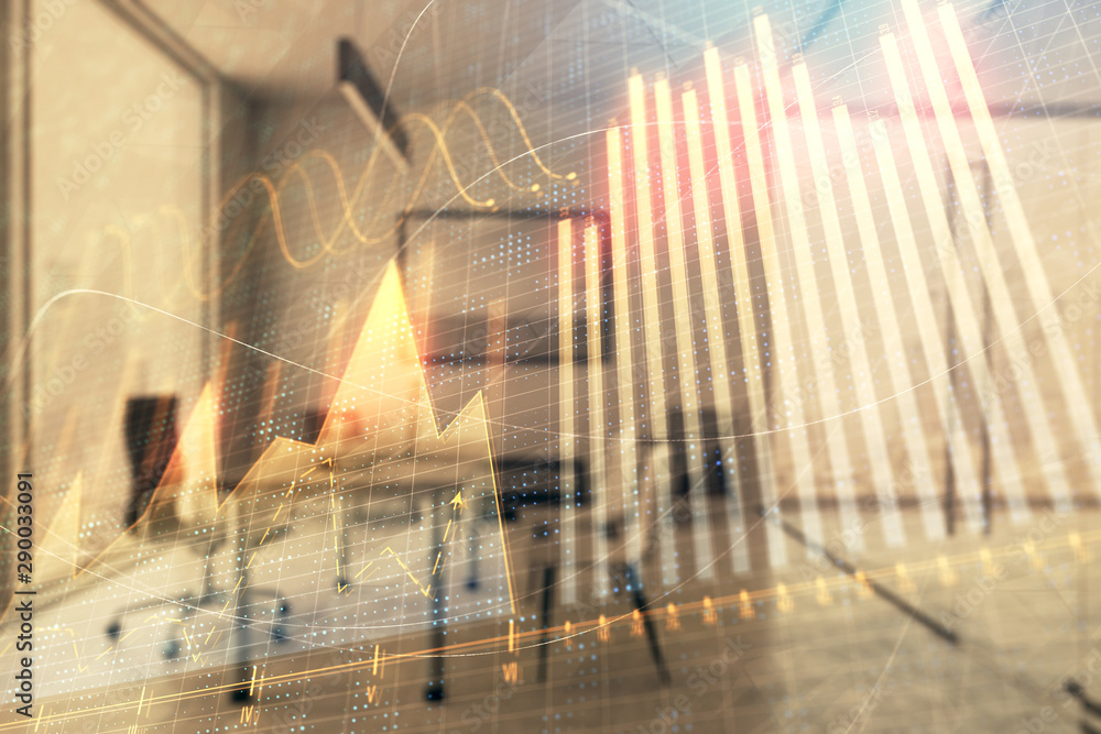 Business theme graph hologram with minimalistic cabinet interior background. Double exposure. Stock market concept. Business theme graph hologram with minimalistic cabinet interior background. Double exposure. Stock market concept.
