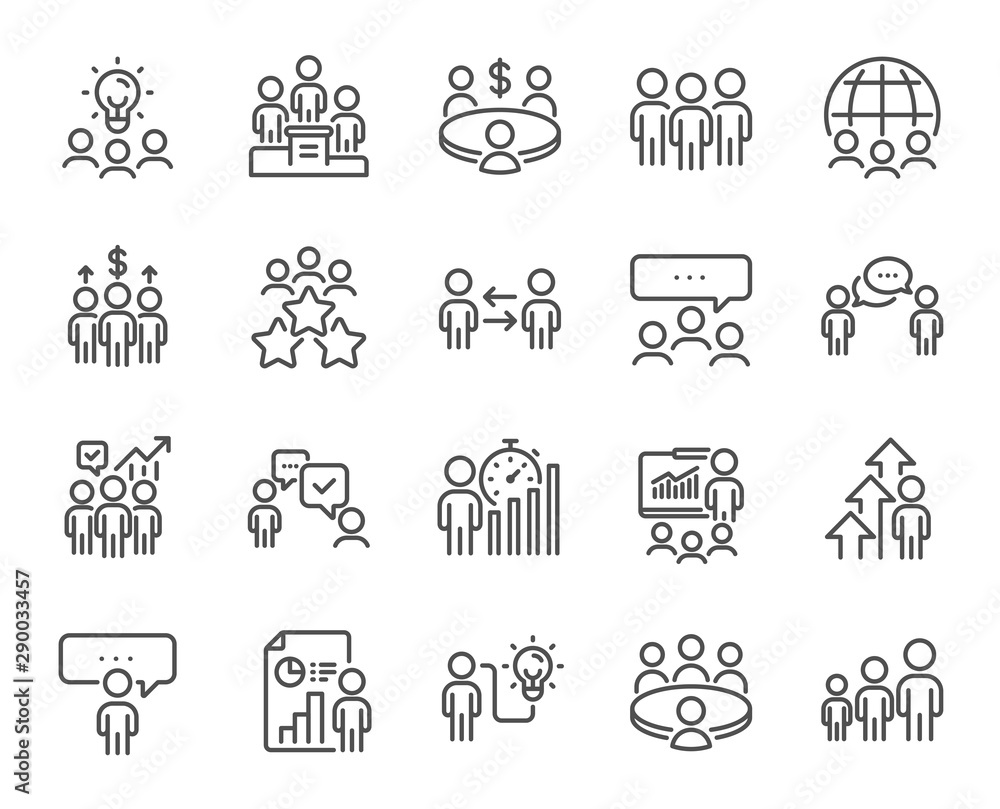 Meeting line icons. Conference, seminar, classroom. Team, work and business idea icons. Discussion, classroom job, people management. Presentation, office meeting, consultation. Vector