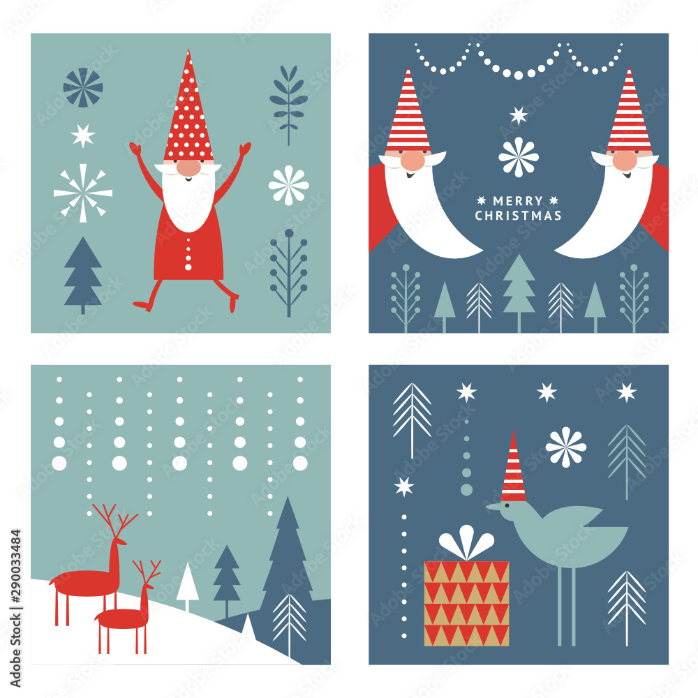 Plakat Set of square Christmas or New Yer's banners, greeting cards, stylized Santa, trees, deers, winter landscape. Minimalist style.