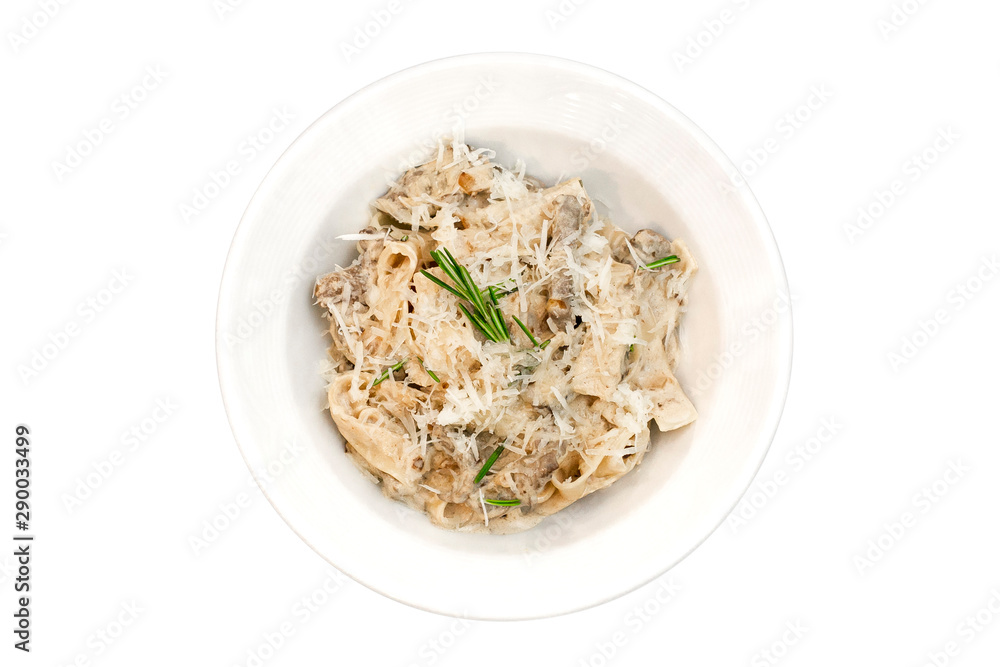 Creamy homemade pasta with mushrooms top view isolated Creamy homemade pasta with mushrooms top view isolated