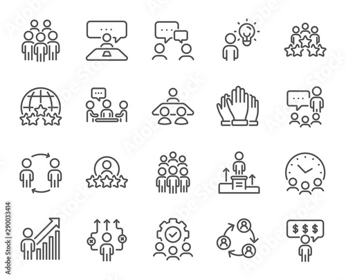 Business people line icons. Team, meeting, job structure. Group people, communication, member icons. Congress, talk person, partnership. Job interview, business idea, voting. Vector