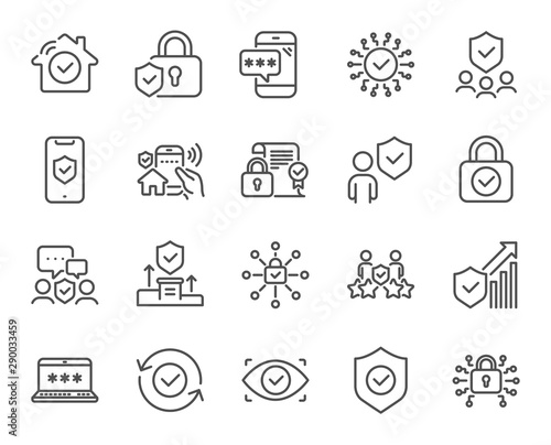 Security line icons. Cyber lock, password, unlock. Guard, shield, home security system icons. Eye access, electronic check, firewall. Internet protection, laptop password. Vector