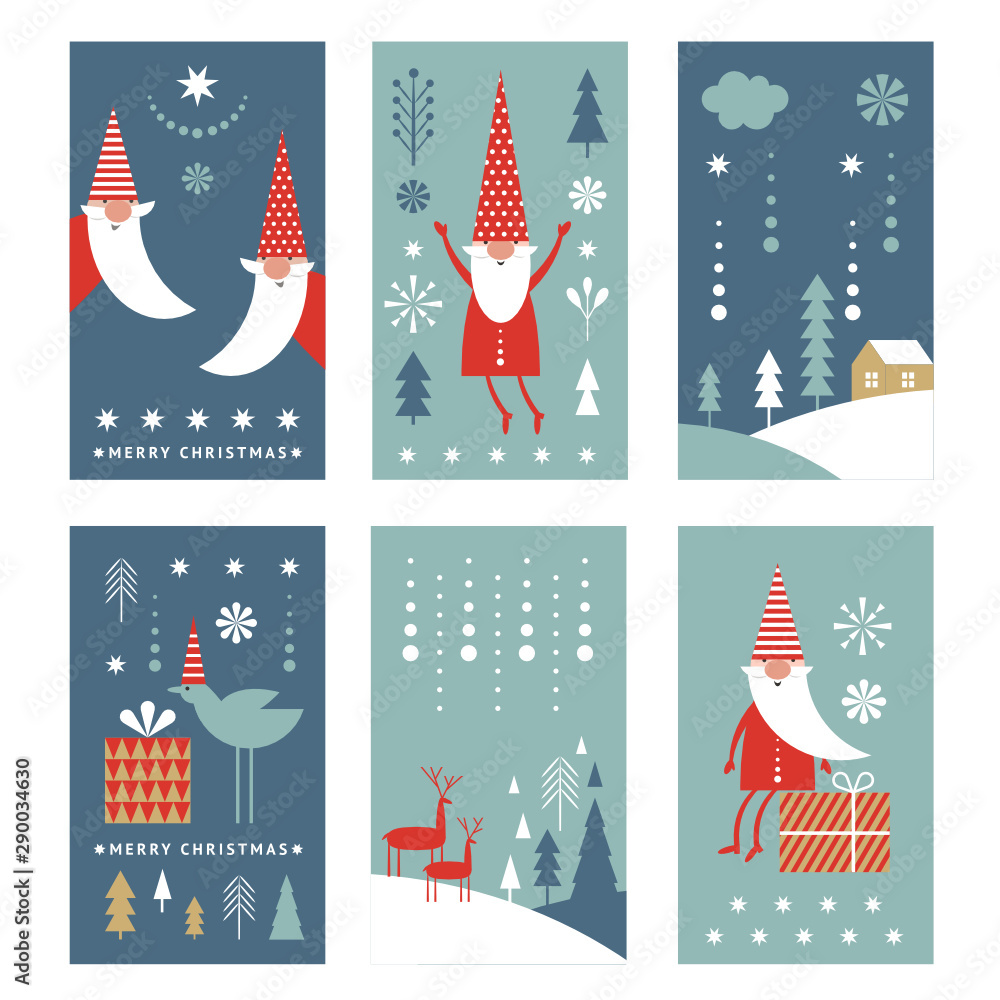 Plakat Set of vertical Christmas or New Yer's banners, greeting cards, stylized Santa, trees, deers, winter landscape. Minimalist style.