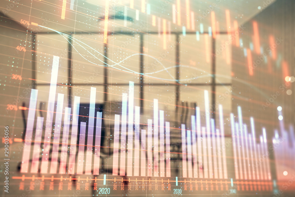 Multi exposure of stock market graph on conference room background. Concept of financial analysis Multi exposure of stock market graph on conference room background. Concept of financial analysis