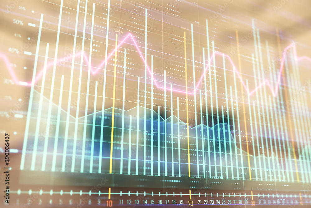 Multi exposure of stock market graph on conference room background. Concept of financial analysis Multi exposure of stock market graph on conference room background. Concept of financial analysis