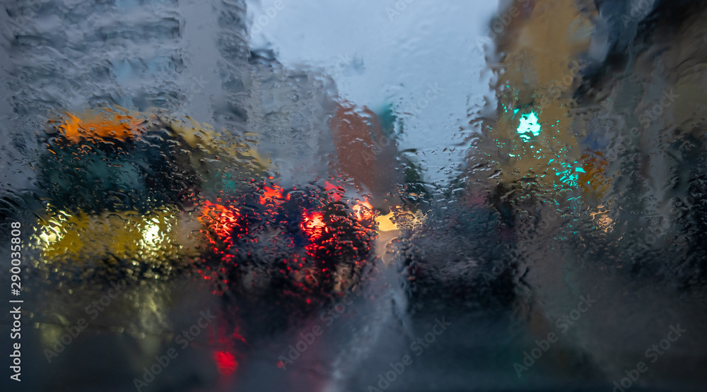 View through a car windshield on a rainy day, Turku, Finland.